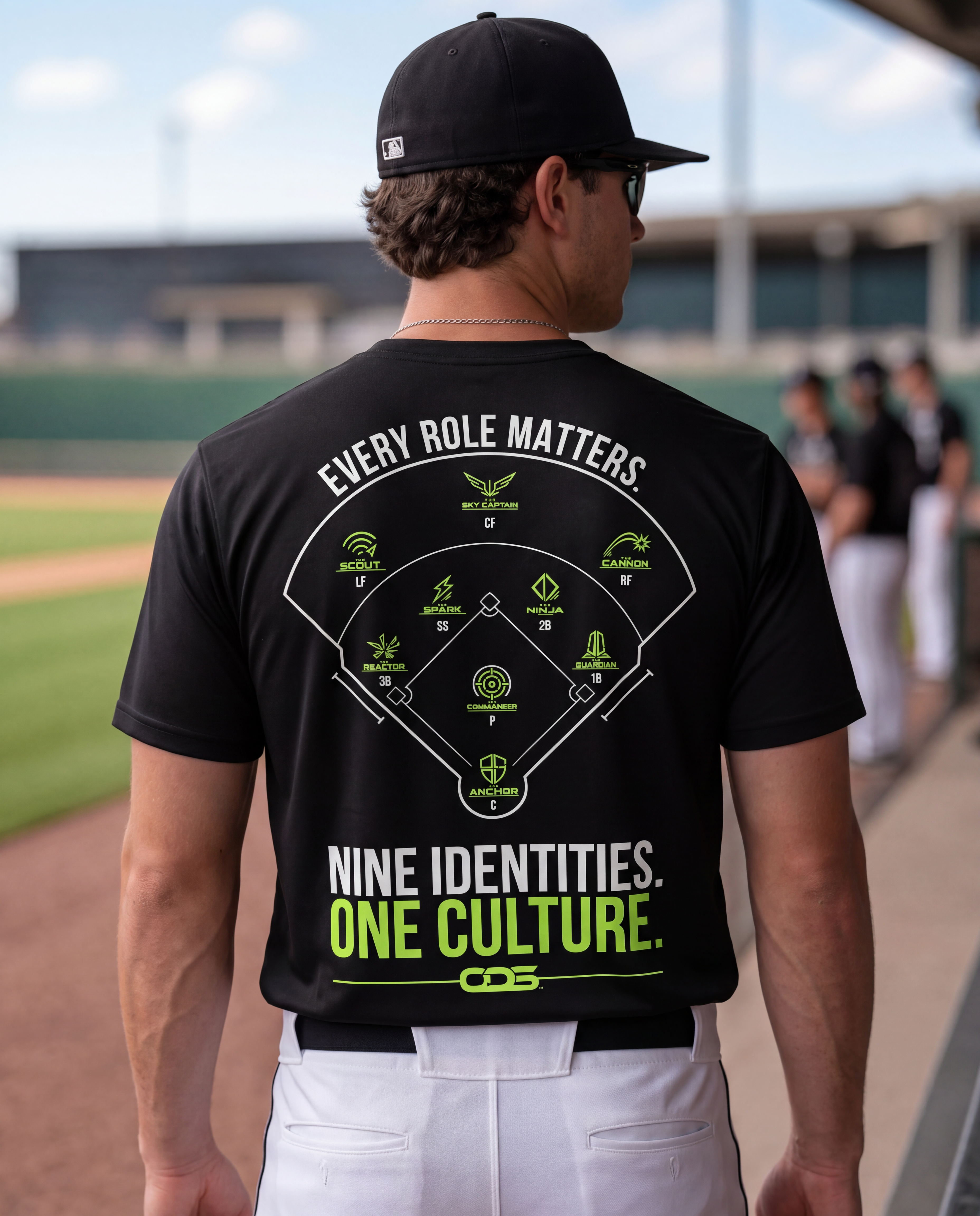 ODS IdentiTee — black, back graphic: nine position identities on a diamond, Every Role Matters